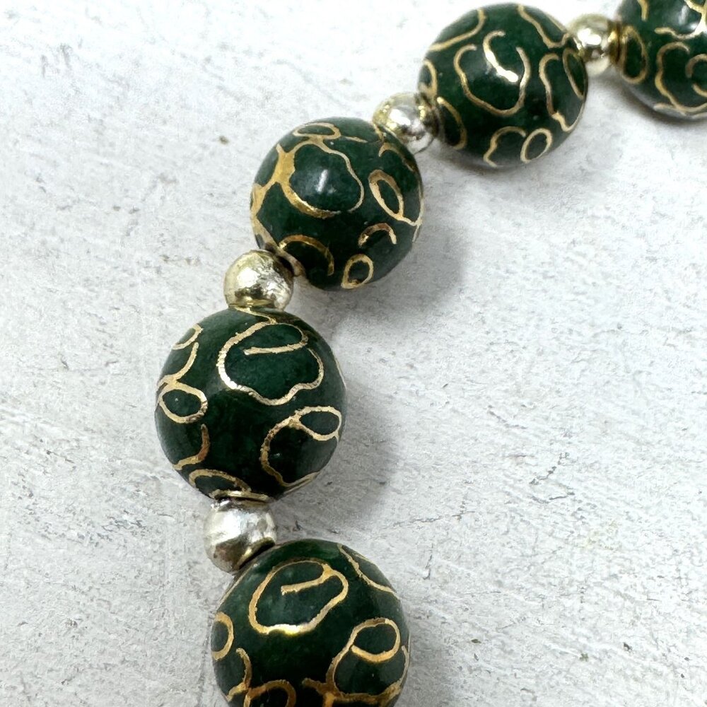 Vintage Green & Gold Beads Cloisonne Enameled Brass Loose Beads 8mm
